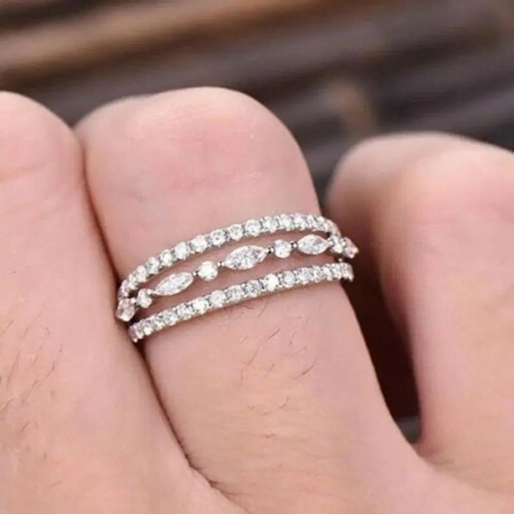 💥Eternity 925 Silver Plated CZ Three  Stackable Dainty Ring for Women,UNVN12319 - Picture 3 of 6
